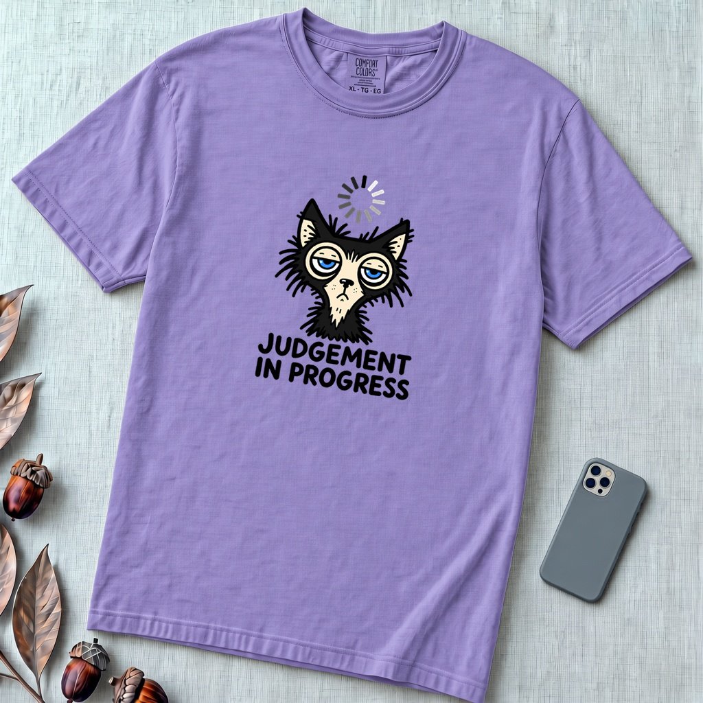 Judgement In Progress Cat T-Shirt, Dry Humor Tee - Violet unfolded t-shirt mockup