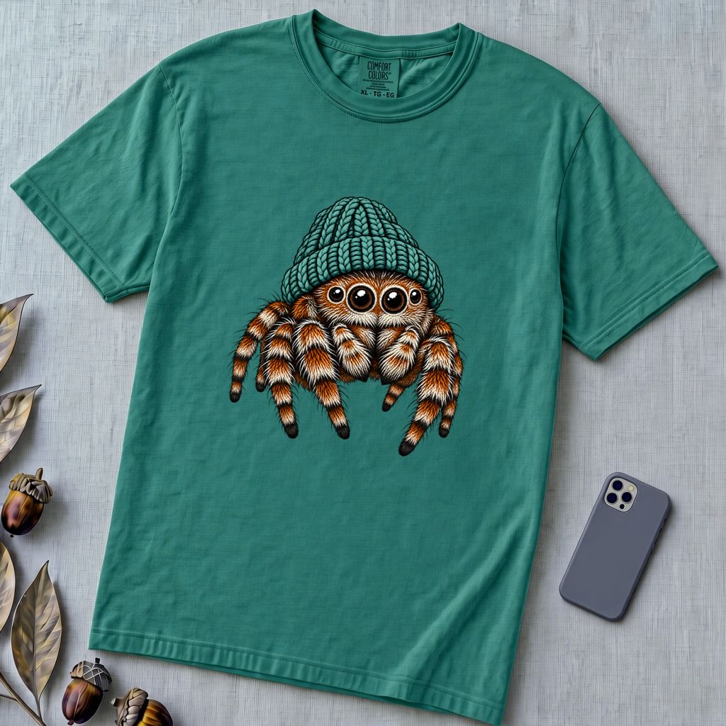 Jumping Spider in a Beanie T-Shirt - Emerald unfolded t-shirt mockup