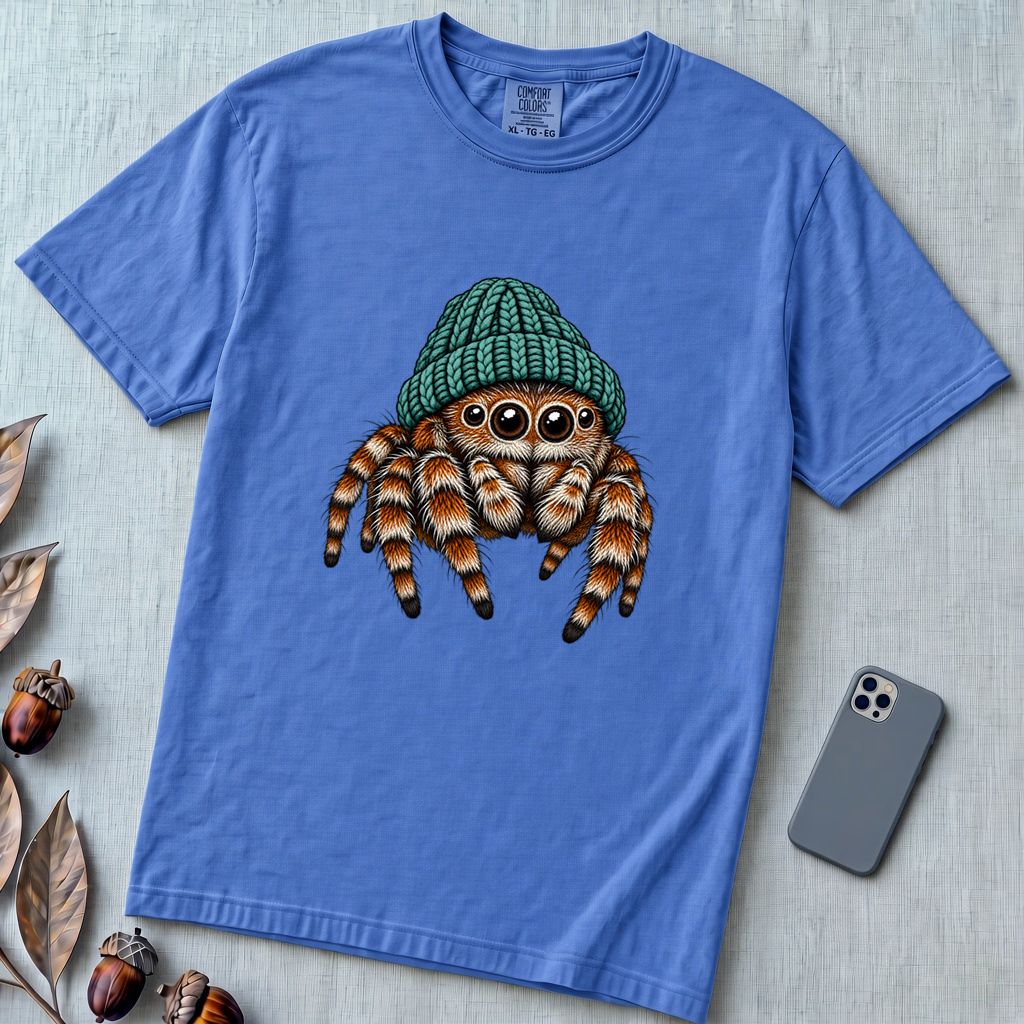 Jumping Spider in a Beanie T-Shirt - Flo Blue unfolded t-shirt mockup