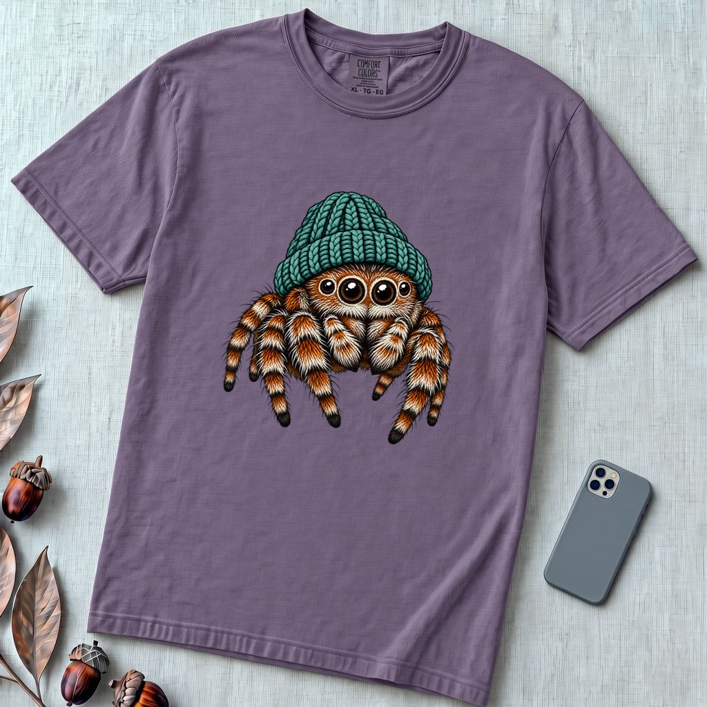 Jumping Spider in a Beanie T-Shirt - Grape unfolded t-shirt mockup