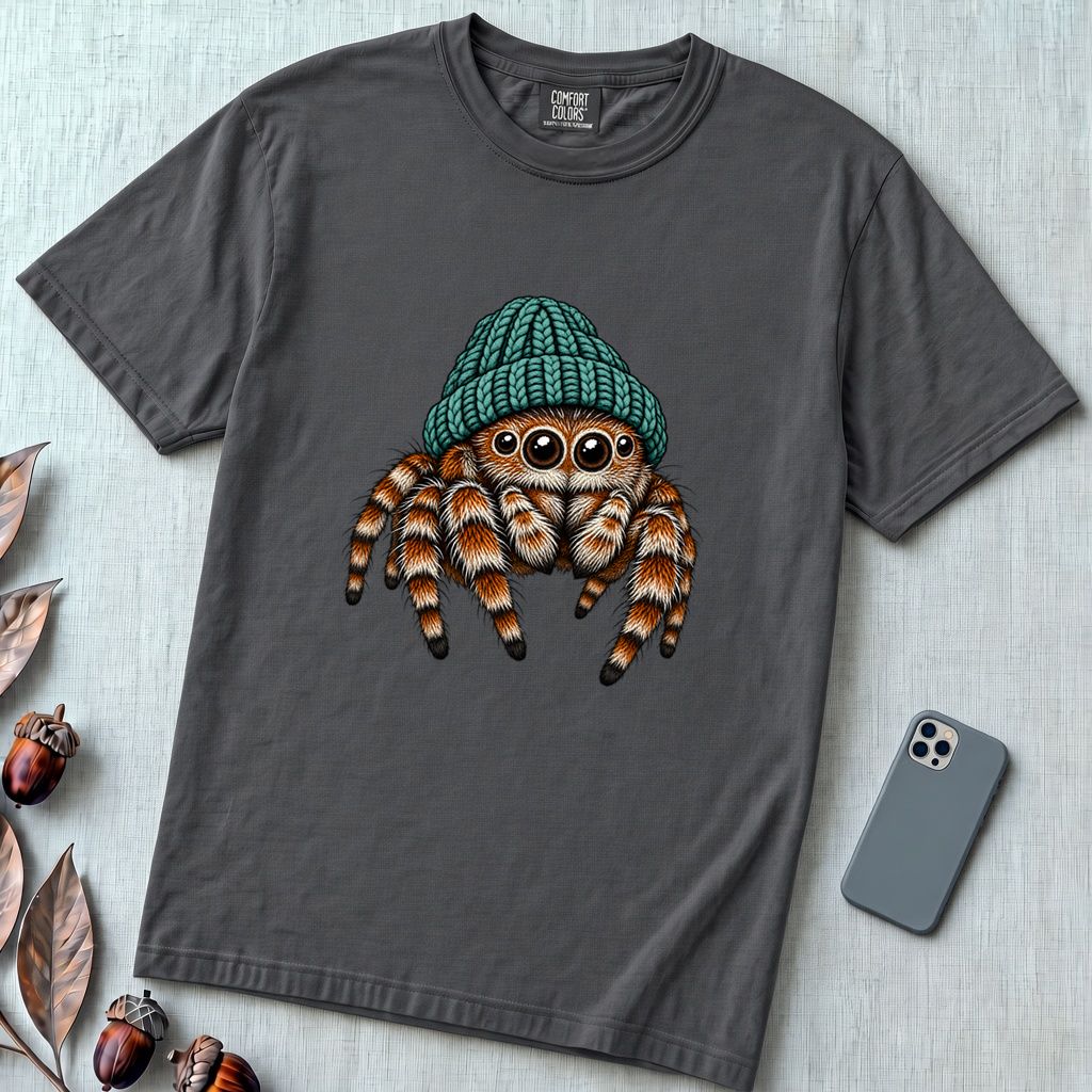 Jumping Spider in a Beanie T-Shirt - Graphite unfolded t-shirt mockup