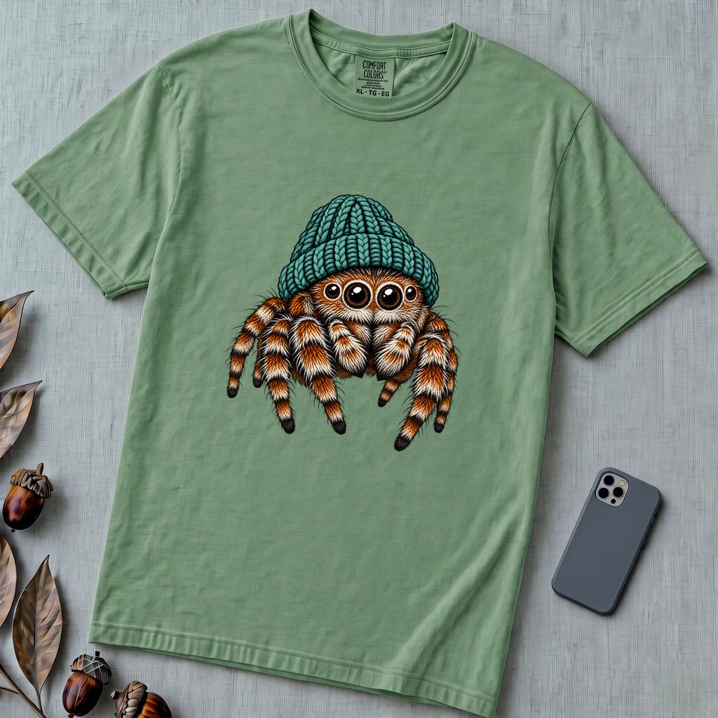 Jumping Spider in a Beanie T-Shirt - Light Green unfolded t-shirt mockup