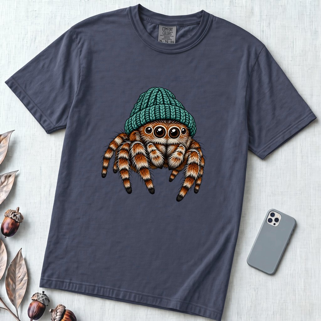 Jumping Spider in a Beanie T-Shirt - Navy unfolded t-shirt mockup