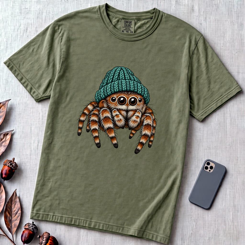 Jumping Spider in a Beanie T-Shirt - Sage unfolded t-shirt mockup