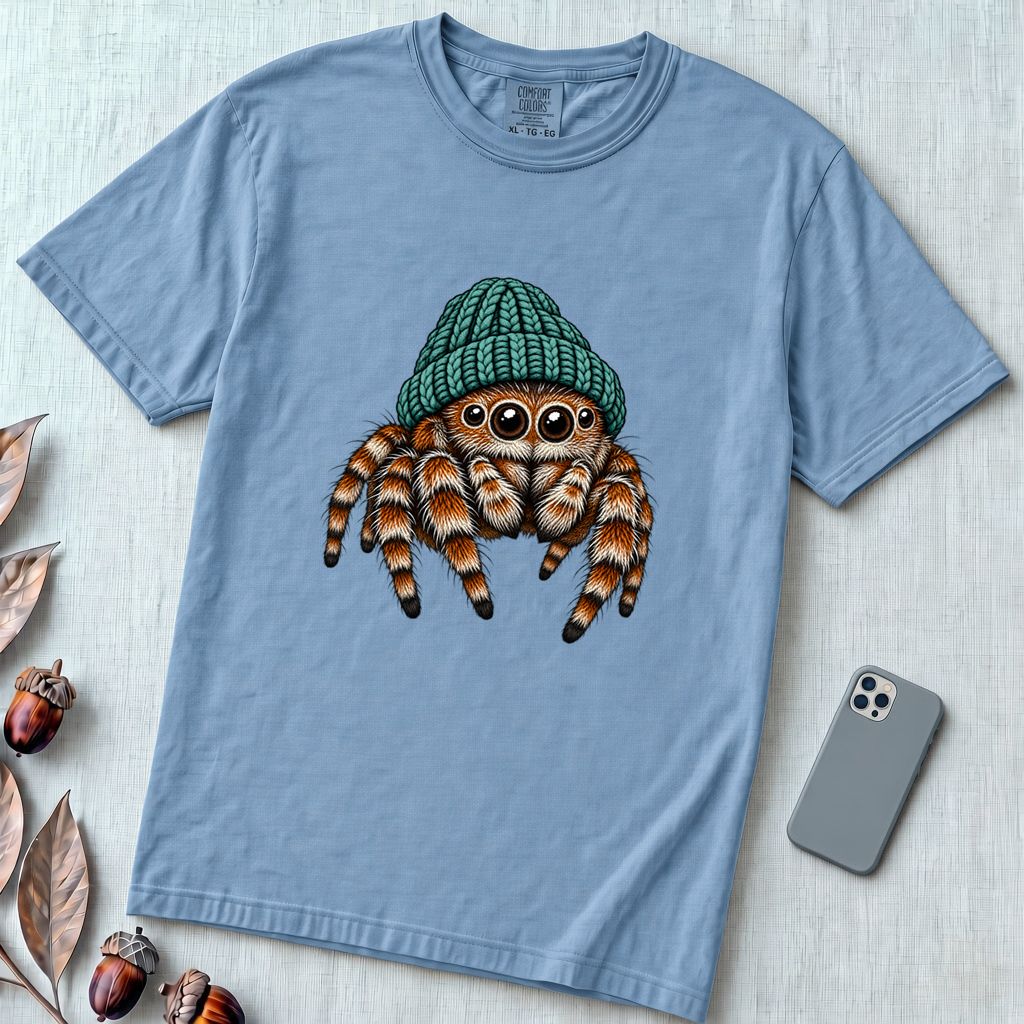 Jumping Spider in a Beanie T-Shirt - Washed Denim unfolded t-shirt mockup