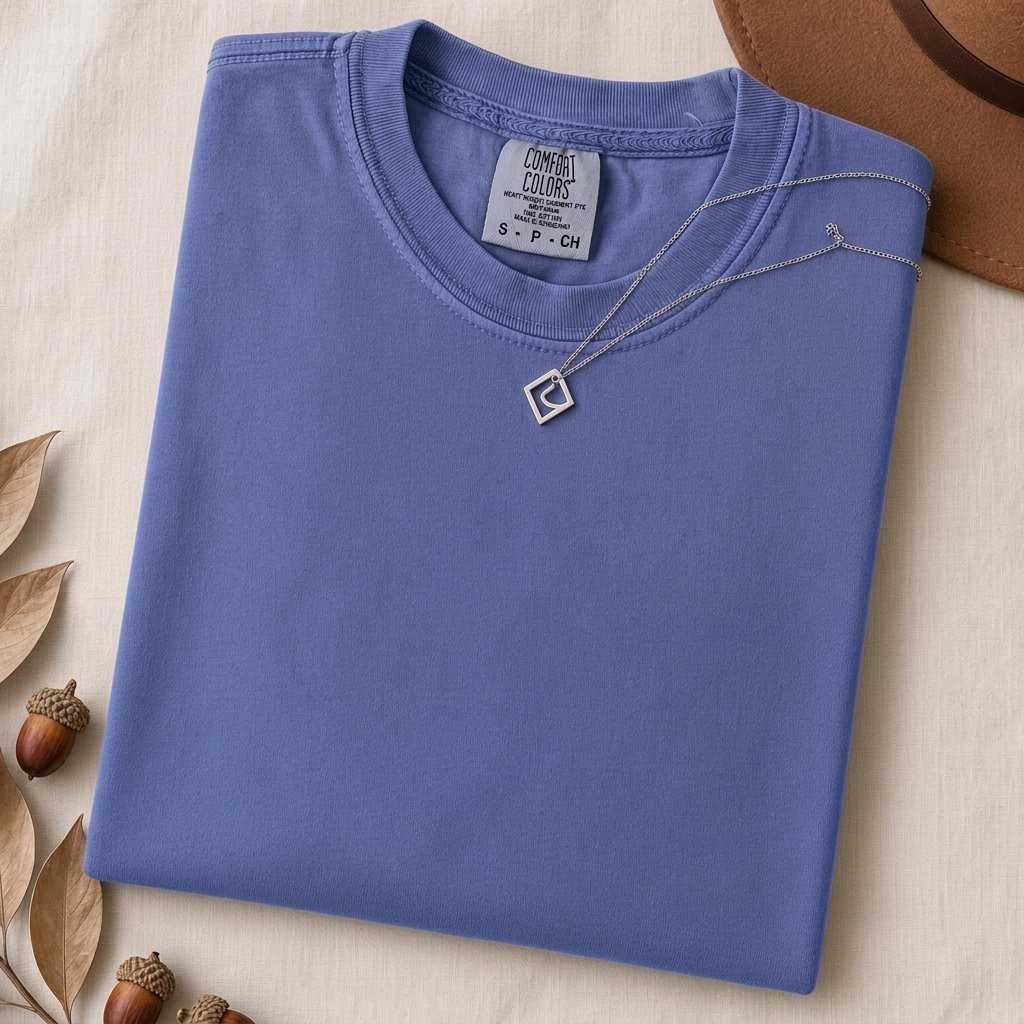 Just a t-shirt. Comfort Colors unisex garment-dyed heavyweight plain t-shirt with Radiant Art logo on right sleeve - Flo Blue folded t-shirt mockup