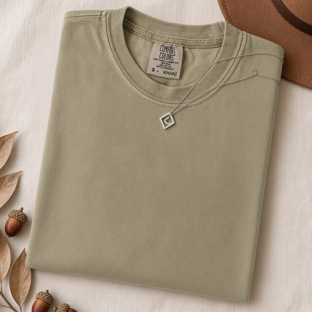 Just a t-shirt. Comfort Colors unisex garment-dyed heavyweight plain t-shirt with Radiant Art logo on right sleeve - Khaki folded t-shirt mockup