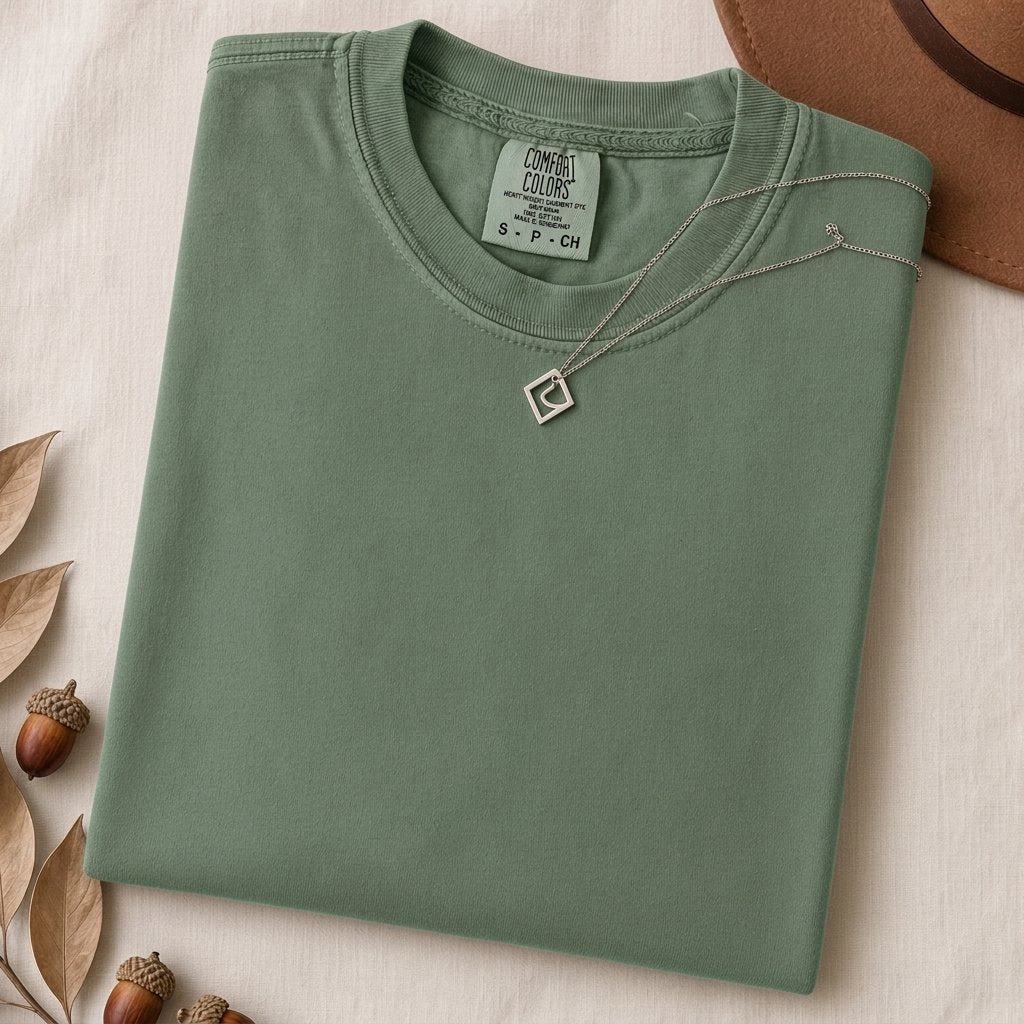 Just a t-shirt. Comfort Colors unisex garment-dyed heavyweight plain t-shirt with Radiant Art logo on right sleeve - Light Green folded t-shirt mockup