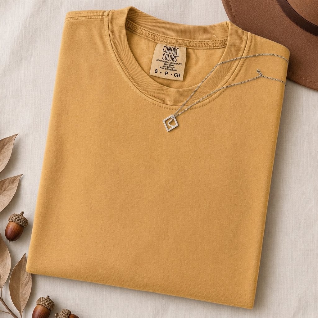 Just a t-shirt. Comfort Colors unisex garment-dyed heavyweight plain t-shirt with Radiant Art logo on right sleeve - Mustard folded t-shirt mockup