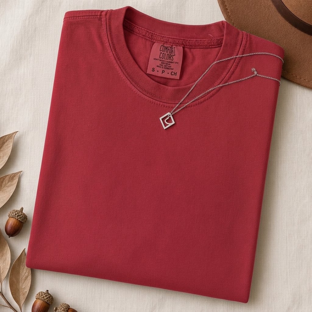 Just a t-shirt. Comfort Colors unisex garment-dyed heavyweight plain t-shirt with Radiant Art logo on right sleeve - Red folded t-shirt mockup
