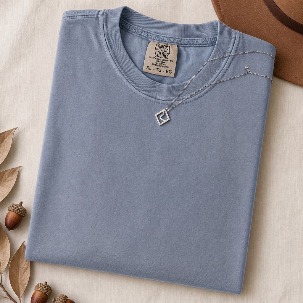 Just a t-shirt. Comfort Colors unisex garment-dyed heavyweight plain t-shirt with Radiant Art logo on right sleeve - Washed Denim folded t-shirt mockup
