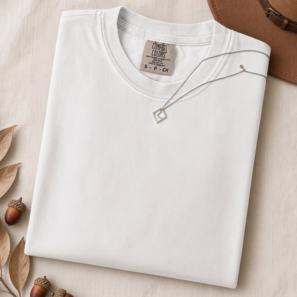 Just a t-shirt. Comfort Colors unisex garment-dyed heavyweight plain t-shirt with Radiant Art logo on right sleeve - White folded t-shirt mockup
