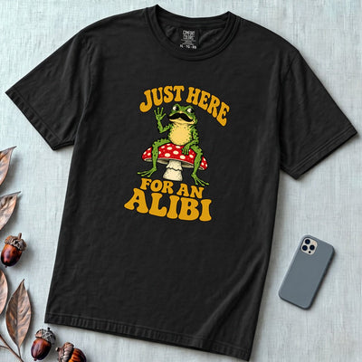 Just Here For An Alibi Frog T-Shirt - Black unfolded t-shirt mockup