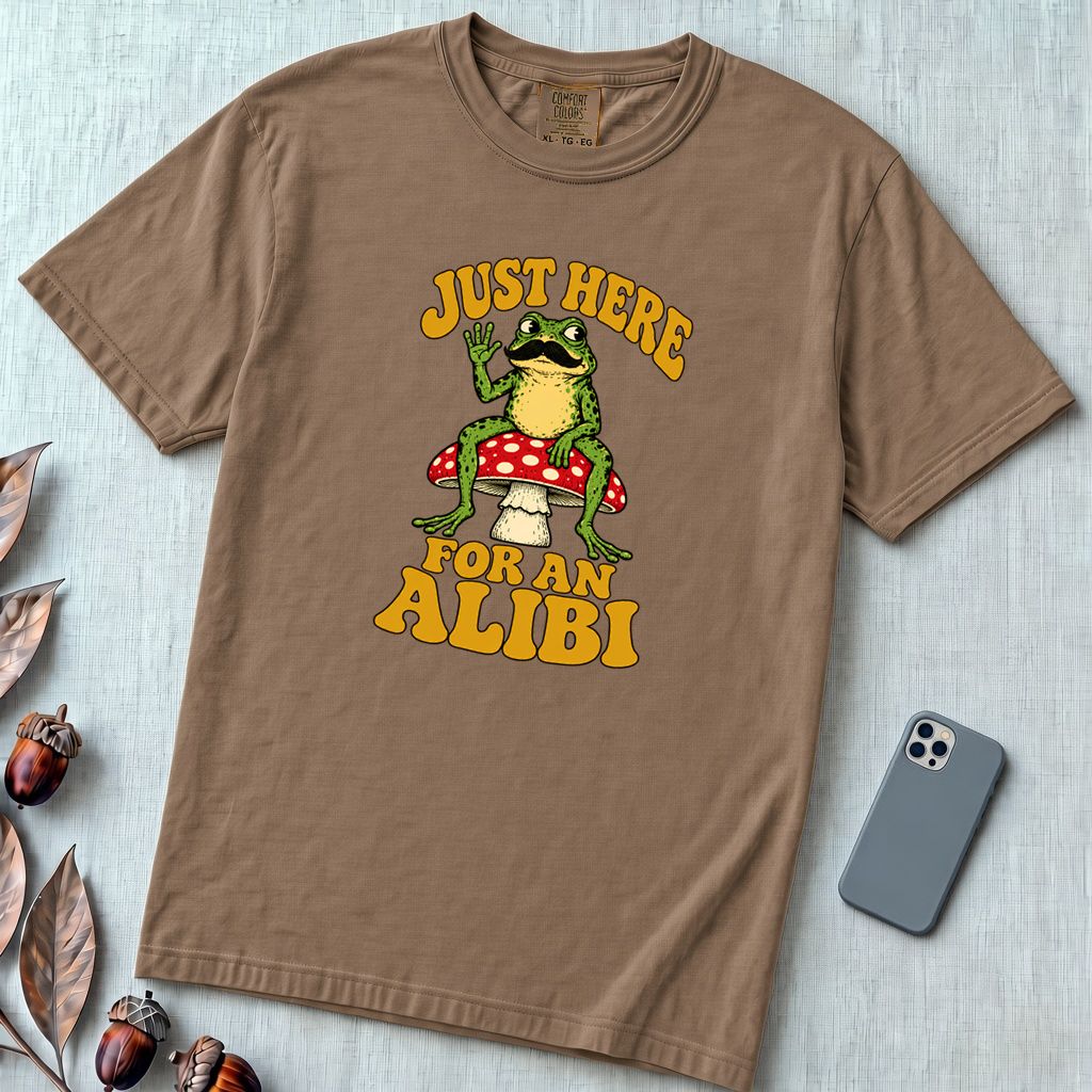 Just Here For An Alibi Frog T-Shirt - Espresso unfolded t-shirt mockup