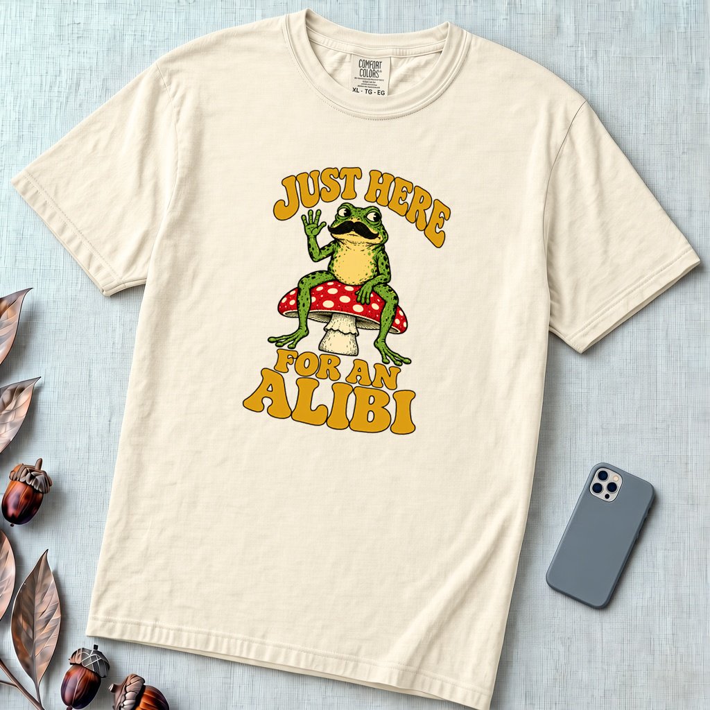 Just Here For An Alibi Frog T-Shirt - Ivory unfolded t-shirt mockup