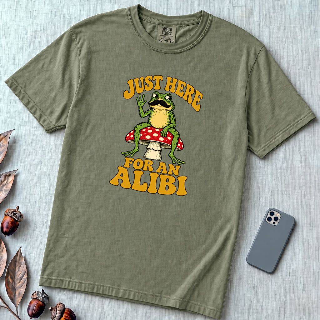 Just Here For An Alibi Frog T-Shirt - Moss unfolded t-shirt mockup