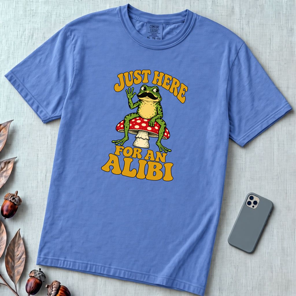 Just Here For An Alibi Frog T-Shirt - Mystic Blue unfolded t-shirt mockup