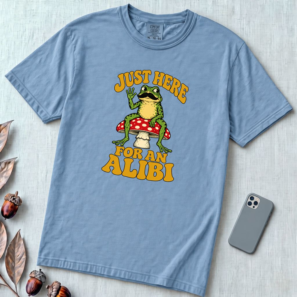 Just Here For An Alibi Frog T-Shirt - Washed Denim unfolded t-shirt mockup