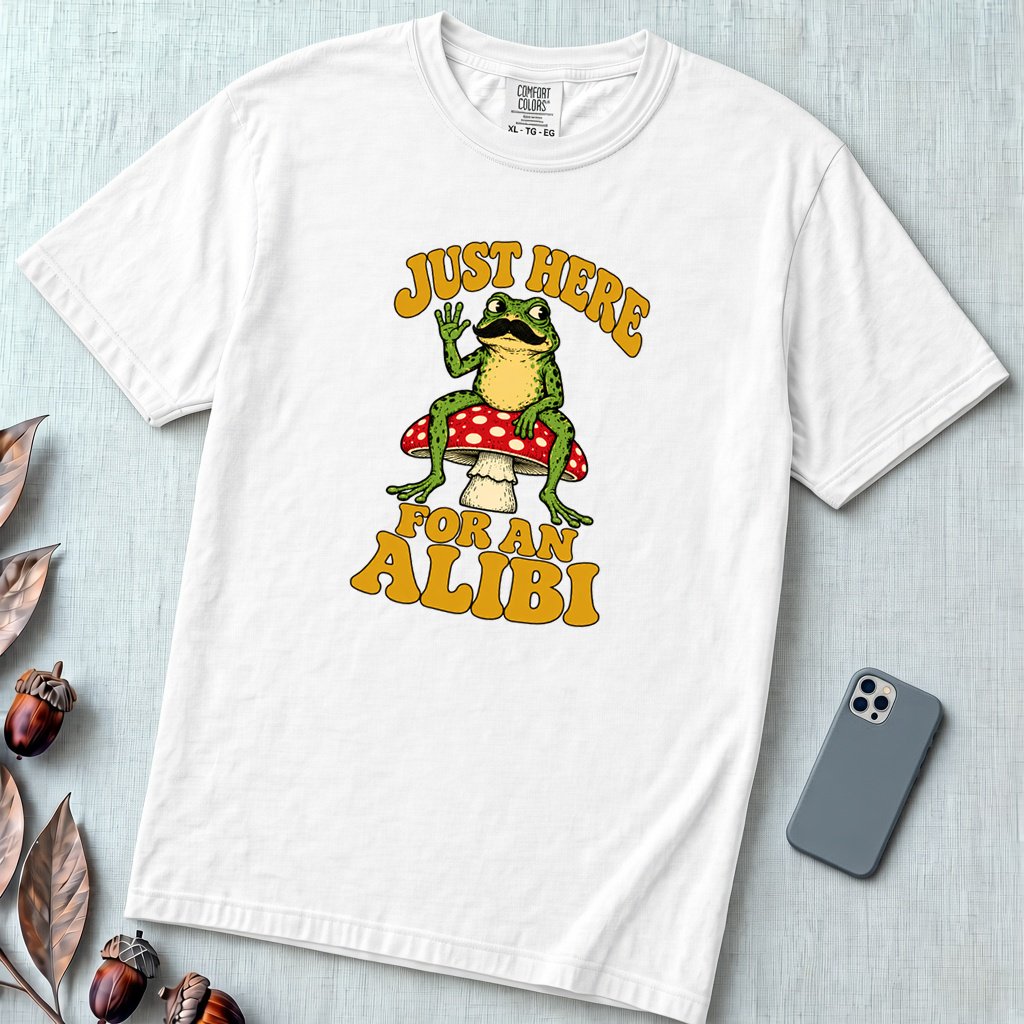 Just Here For An Alibi Frog T-Shirt - White unfolded t-shirt mockup
