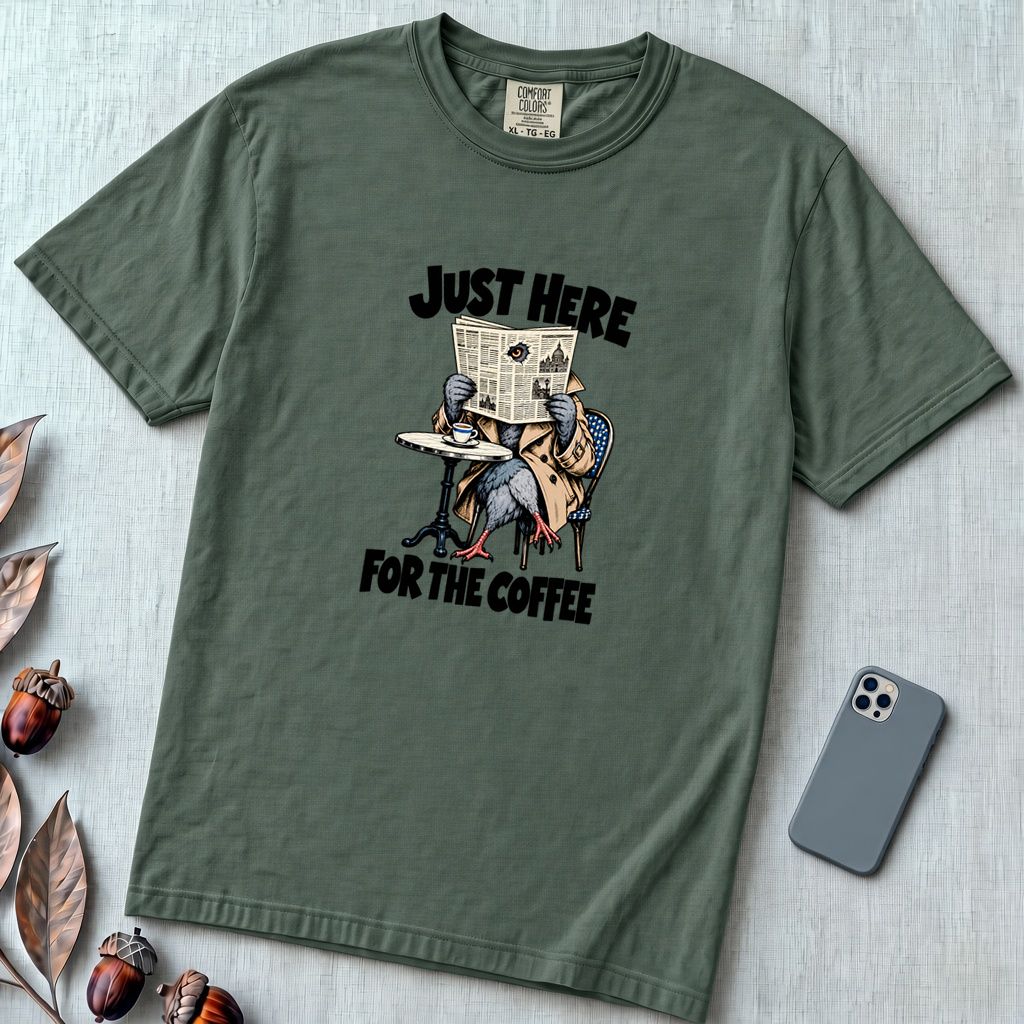 Just Here For The Coffee Pigeon T-Shirt - Blue Spruce unfolded t-shirt mockup