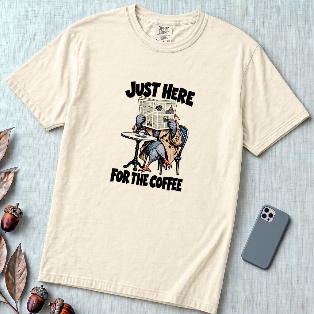 Just Here For The Coffee Pigeon T-Shirt - Ivory unfolded t-shirt mockup