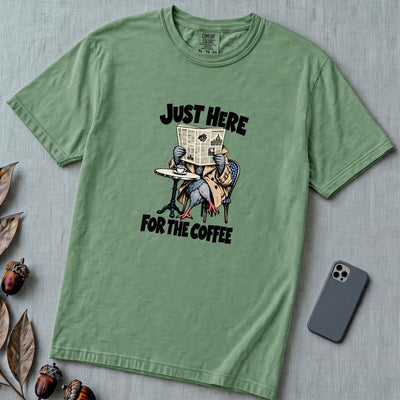 Just Here For The Coffee Pigeon T-Shirt - Light Green unfolded t-shirt mockup