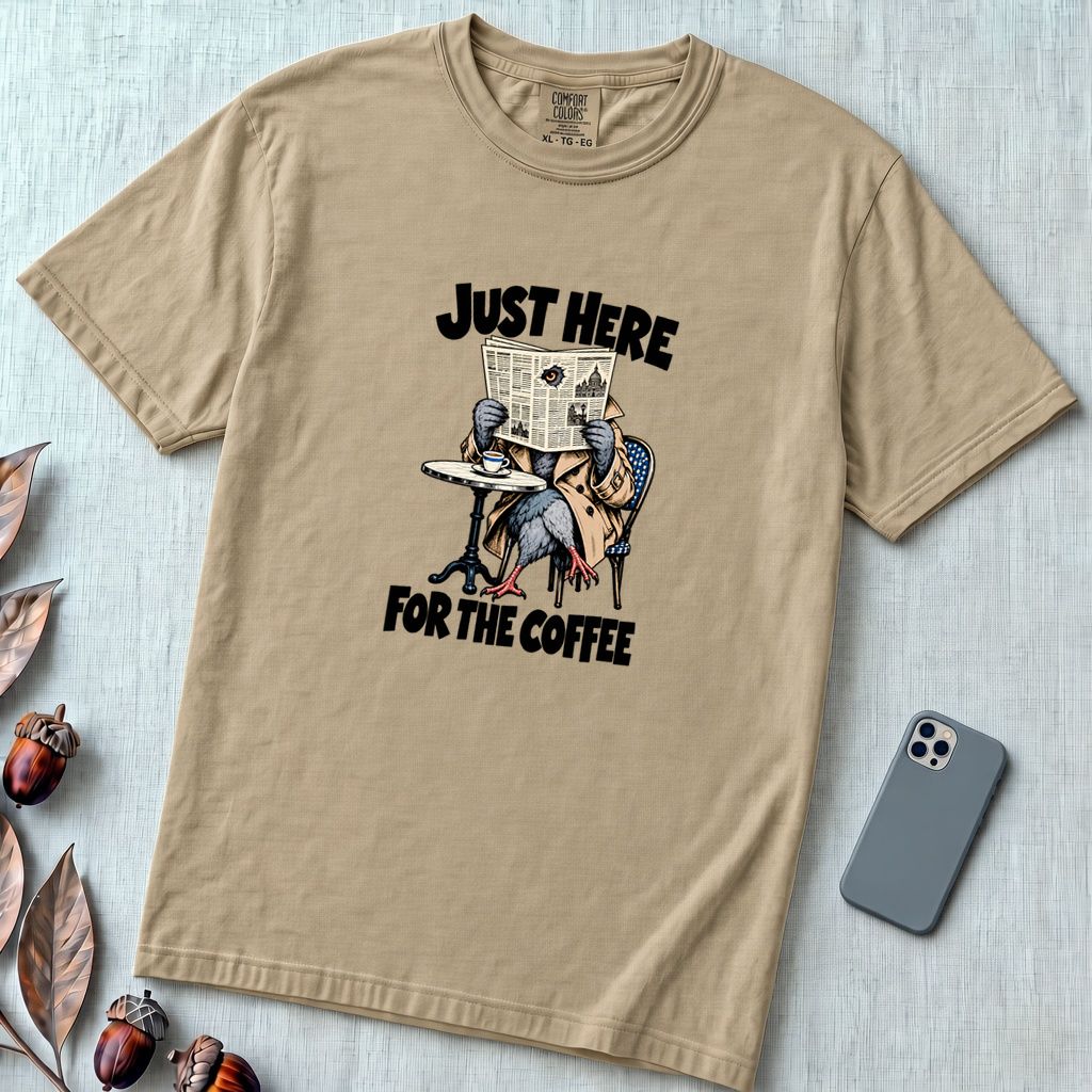 Just Here For The Coffee Pigeon T-Shirt - Sandstone unfolded t-shirt mockup