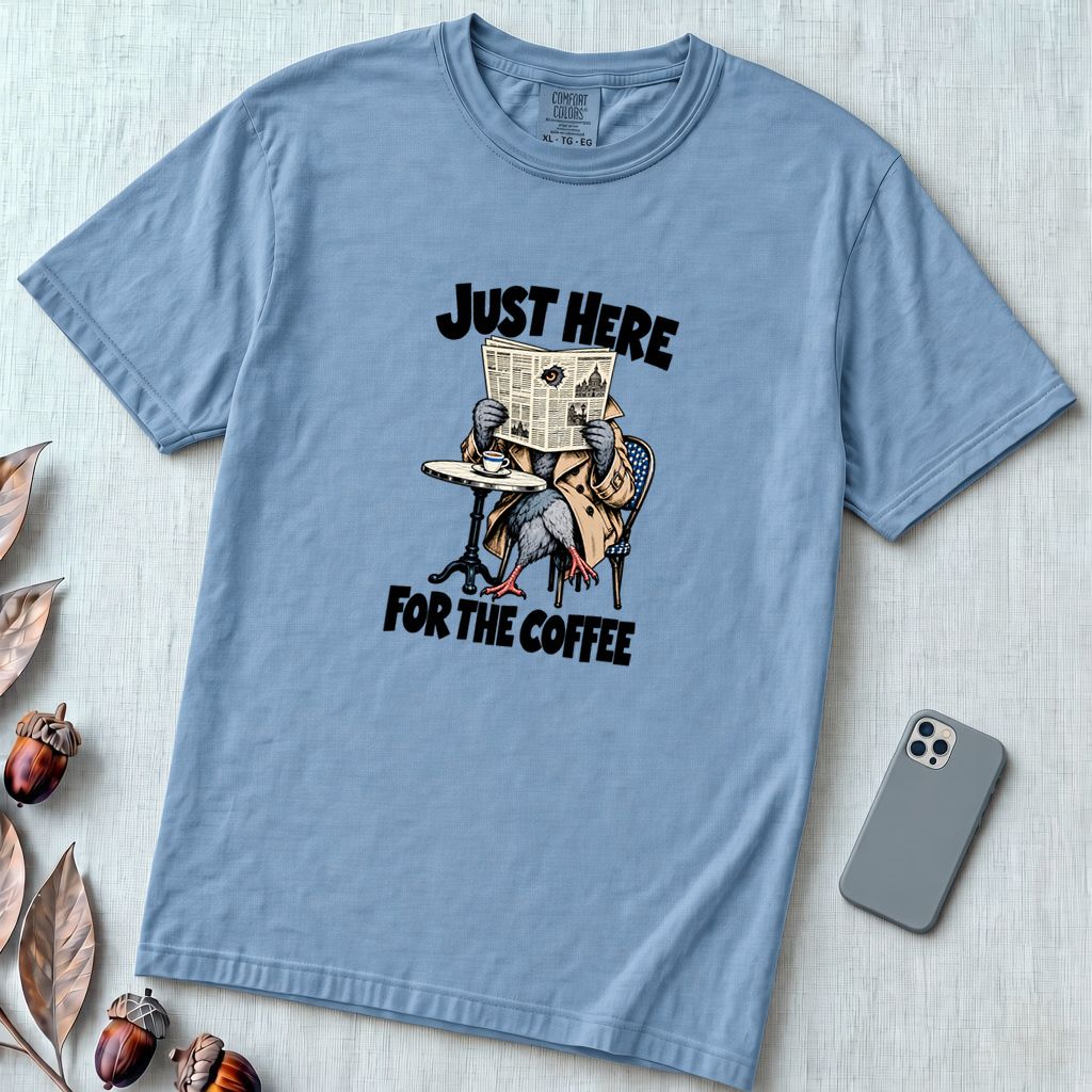 Just Here For The Coffee Pigeon T-Shirt - Washed Denim unfolded t-shirt mockup