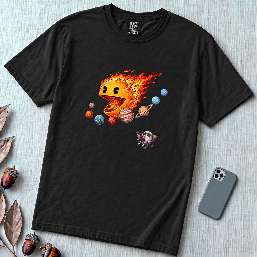 Justice for Pluto T-Shirt – Funny Sun Pac-Man Eating Planets Space Meme Tee - Black unfolded t-shirt mockup
