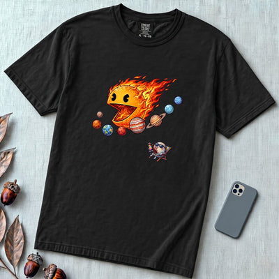 Justice for Pluto T-Shirt – Funny Sun Pac-Man Eating Planets Space Meme Tee - Black unfolded t-shirt mockup