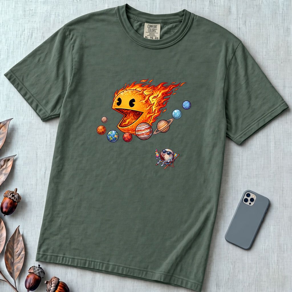 Justice for Pluto T-Shirt – Funny Sun Pac-Man Eating Planets Space Meme Tee - Blue Spruce unfolded t-shirt mockup