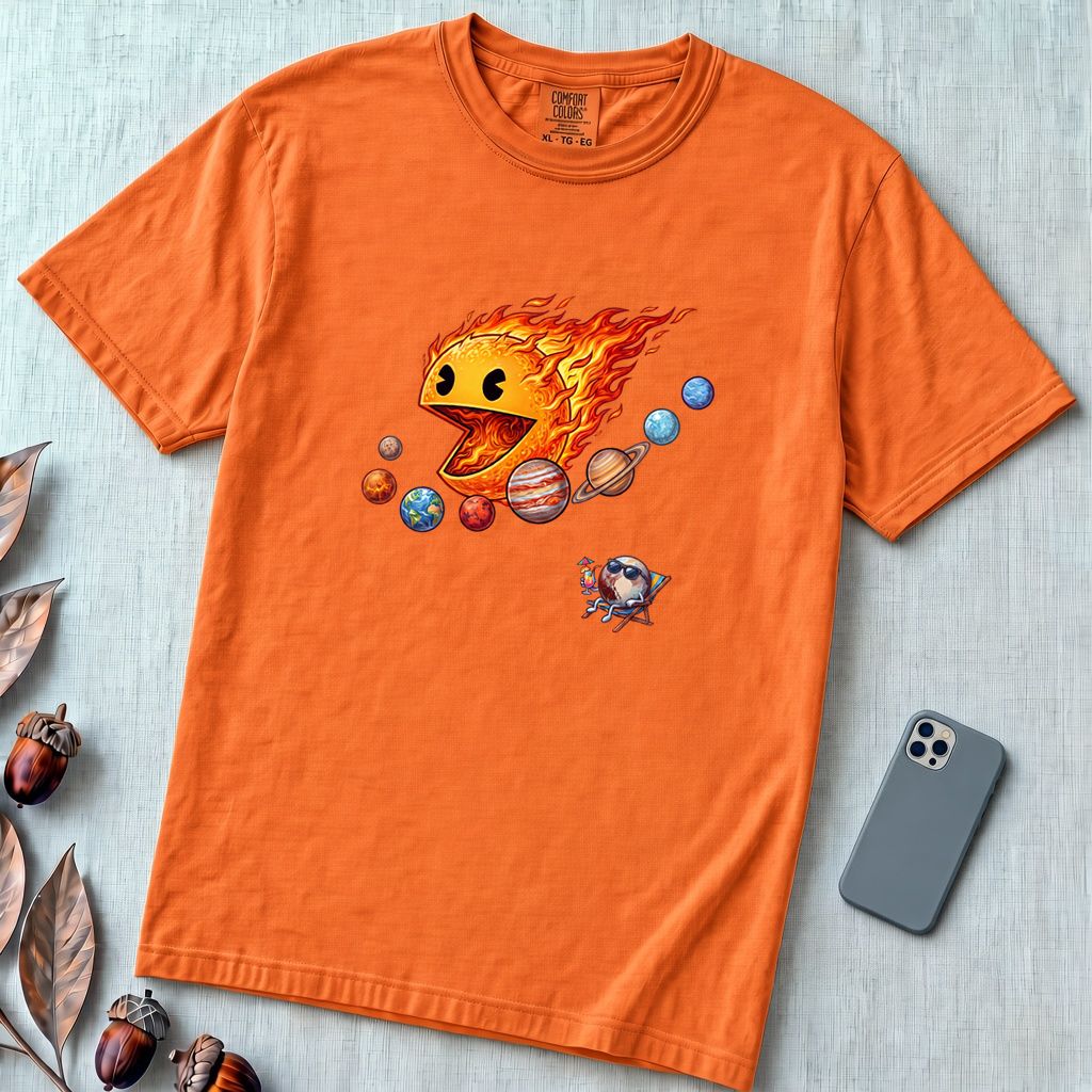 Justice for Pluto T-Shirt – Funny Sun Pac-Man Eating Planets Space Meme Tee - Burnt Orange unfolded t-shirt mockup