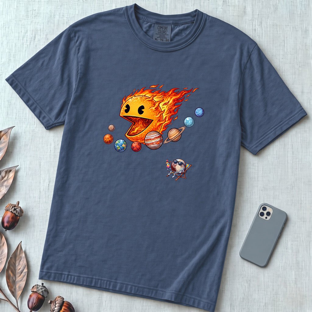 Justice for Pluto T-Shirt – Funny Sun Pac-Man Eating Planets Space Meme Tee - Denim unfolded t-shirt mockup