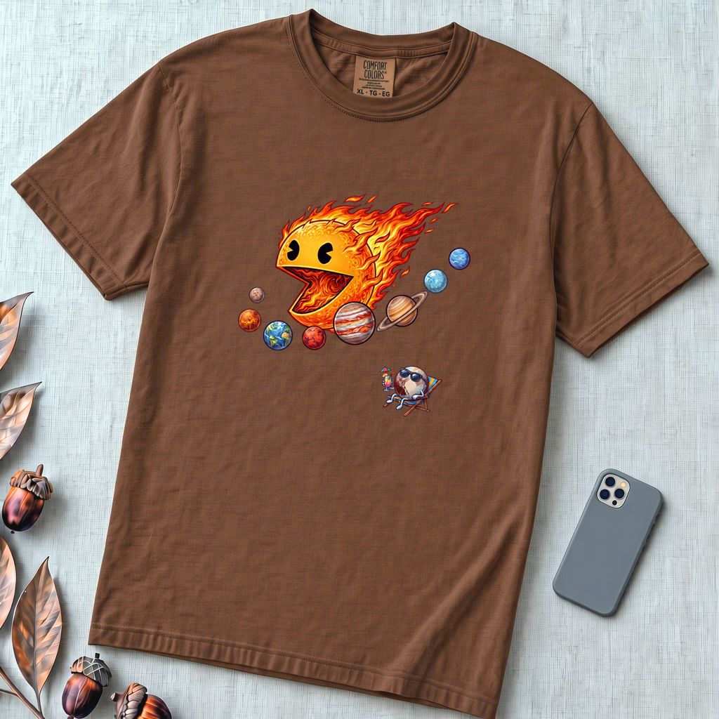 Justice for Pluto T-Shirt – Funny Sun Pac-Man Eating Planets Space Meme Tee - Espresso unfolded t-shirt mockup