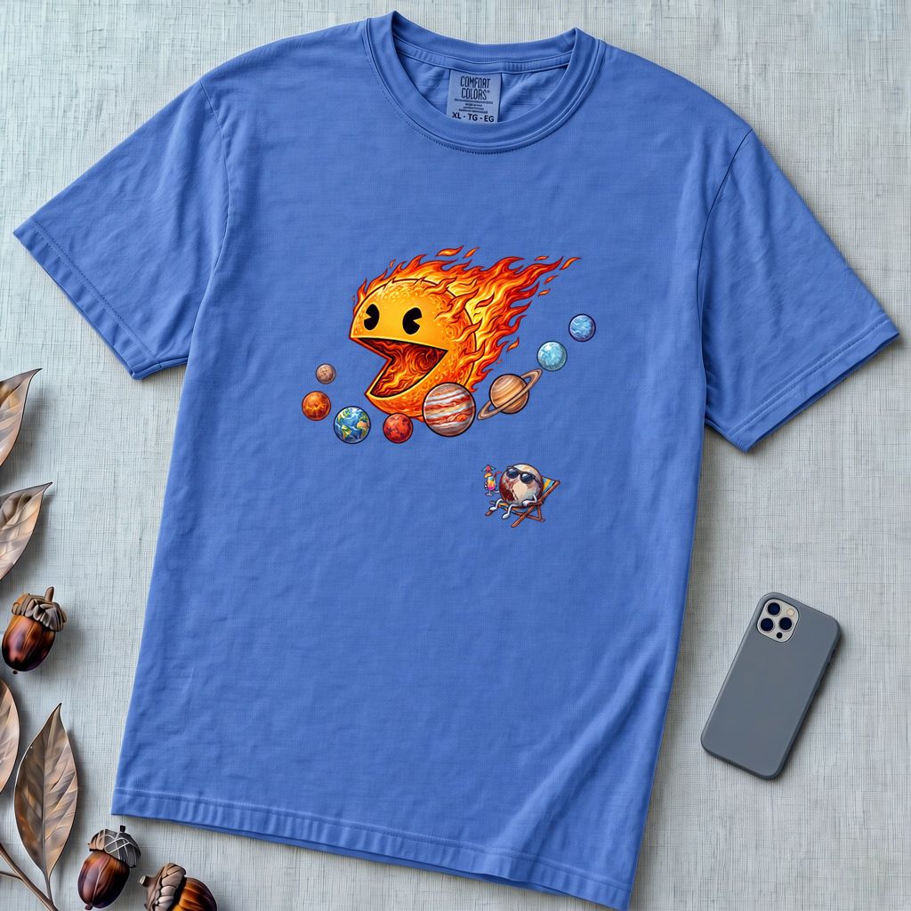 Justice for Pluto T-Shirt – Funny Sun Pac-Man Eating Planets Space Meme Tee - Flo Blue unfolded t-shirt mockup