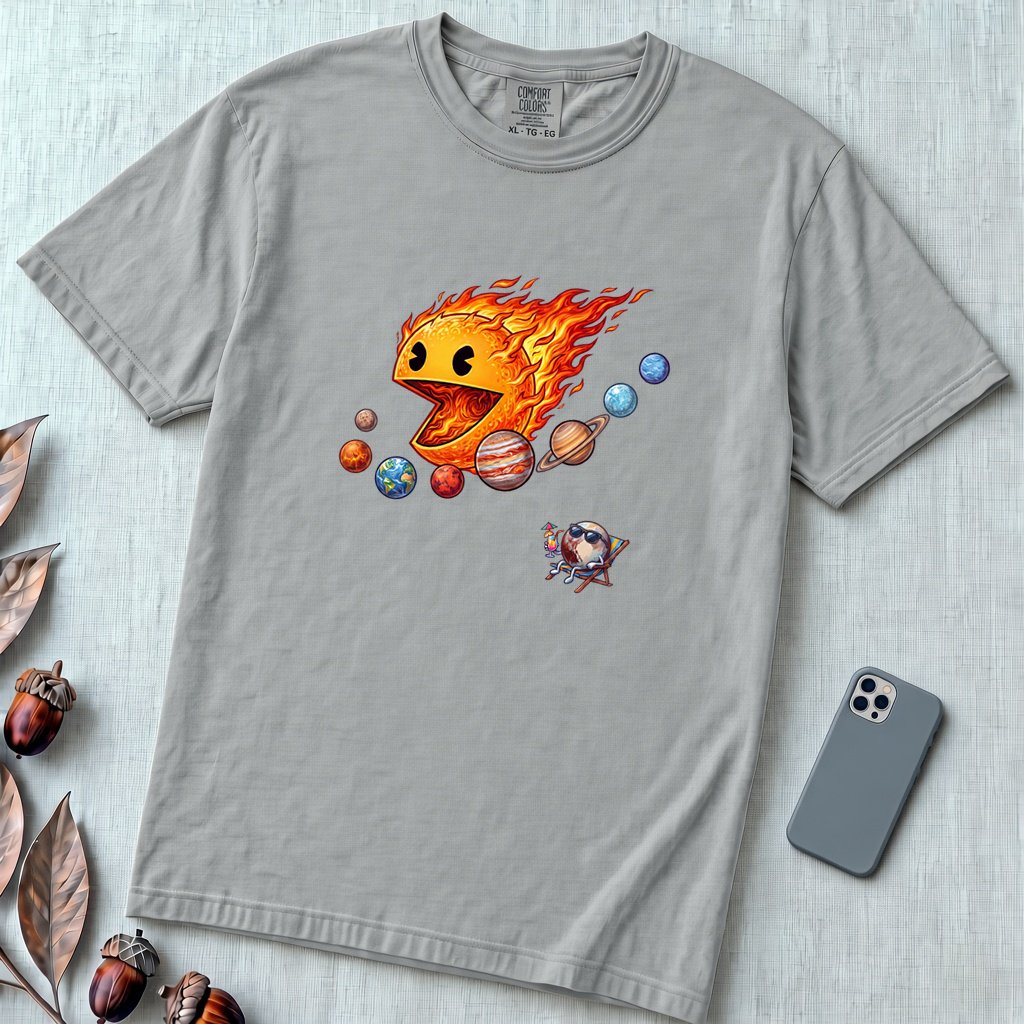 Justice for Pluto T-Shirt – Funny Sun Pac-Man Eating Planets Space Meme Tee - Granite unfolded t-shirt mockup
