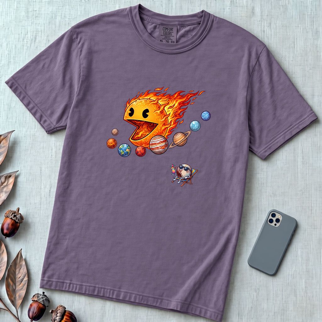 Justice for Pluto T-Shirt – Funny Sun Pac-Man Eating Planets Space Meme Tee - Grape unfolded t-shirt mockup