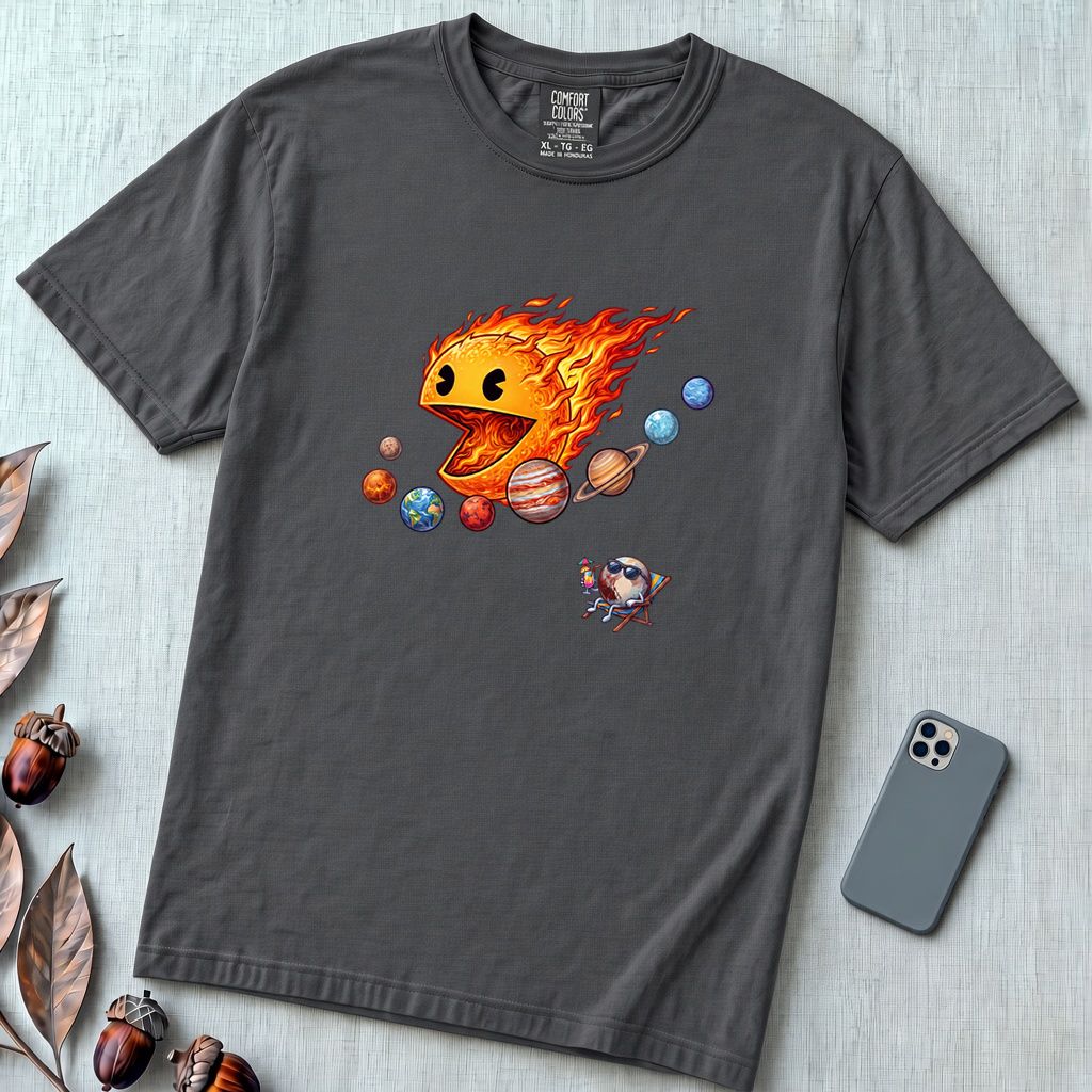 Justice for Pluto T-Shirt – Funny Sun Pac-Man Eating Planets Space Meme Tee - Graphite unfolded t-shirt mockup