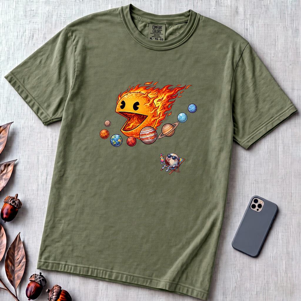 Justice for Pluto T-Shirt – Funny Sun Pac-Man Eating Planets Space Meme Tee - Sage unfolded t-shirt mockup