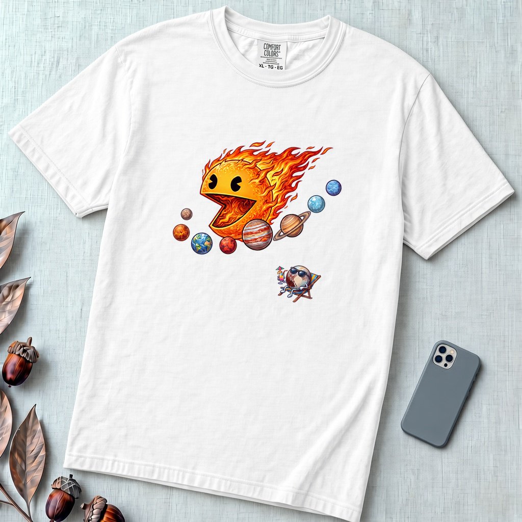 Justice for Pluto T-Shirt – Funny Sun Pac-Man Eating Planets Space Meme Tee - White unfolded t-shirt mockup