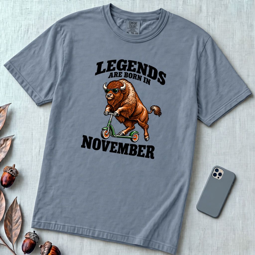 Legends Are Born In November Bison T-Shirt - Blue Jean unfolded t-shirt mockup