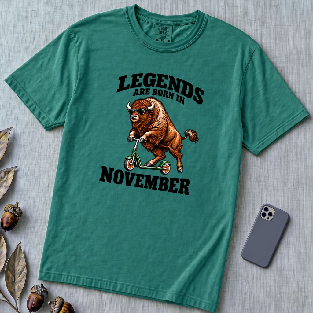 Legends Are Born In November Bison T-Shirt - Emerald unfolded t-shirt mockup