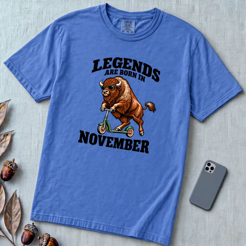 Legends Are Born In November Bison T-Shirt - Flo Blue unfolded t-shirt mockup