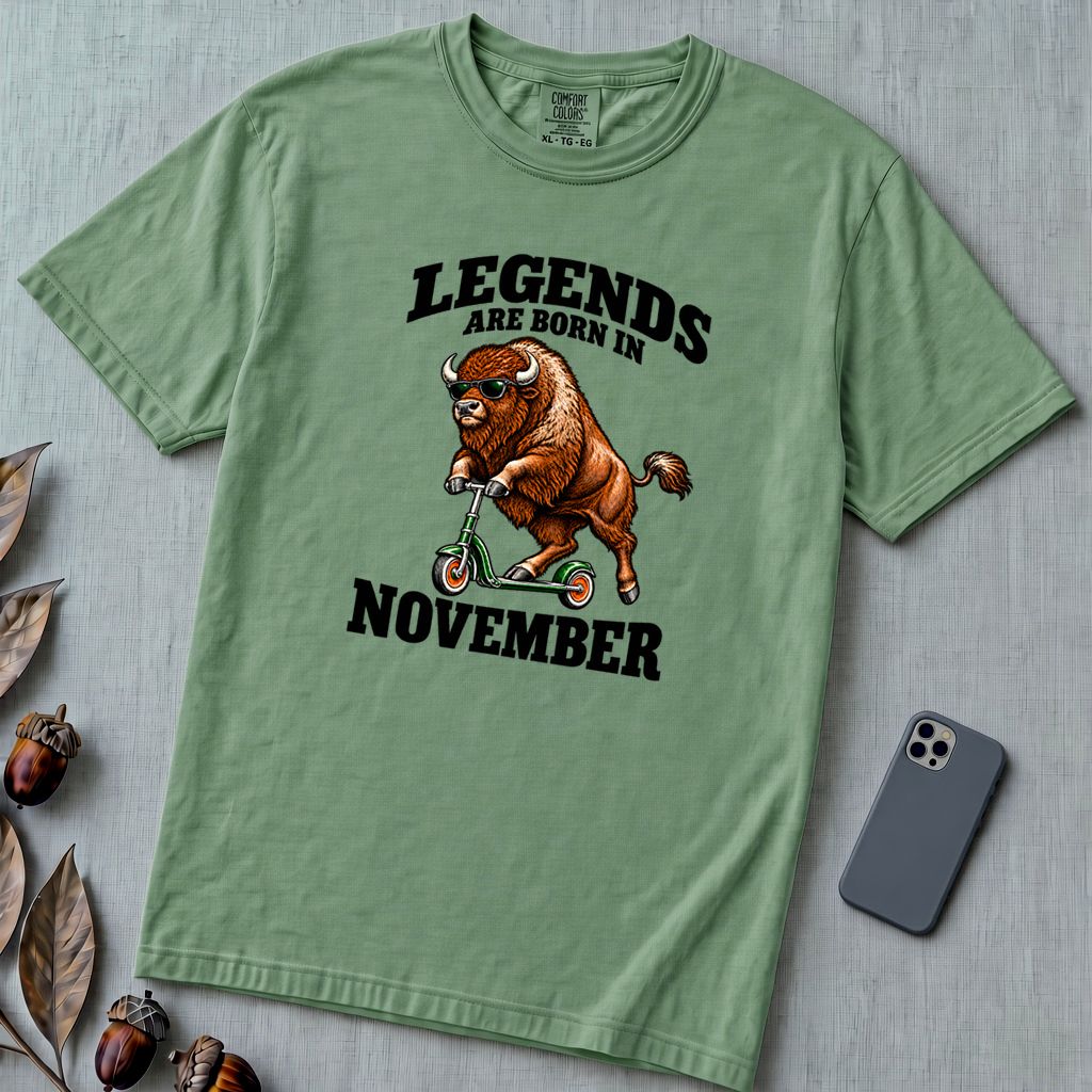 Legends Are Born In November Bison T-Shirt - Light Green unfolded t-shirt mockup