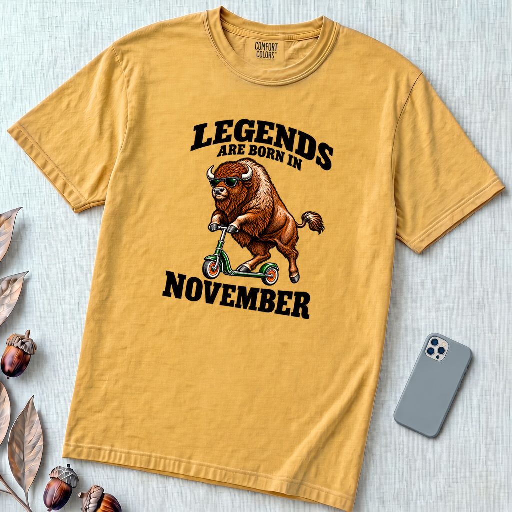 Legends Are Born In November Bison T-Shirt - Mustard unfolded t-shirt mockup