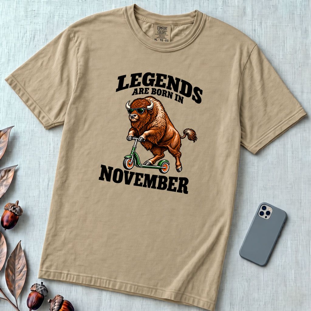 Legends Are Born In November Bison T-Shirt - Sandstone unfolded t-shirt mockup