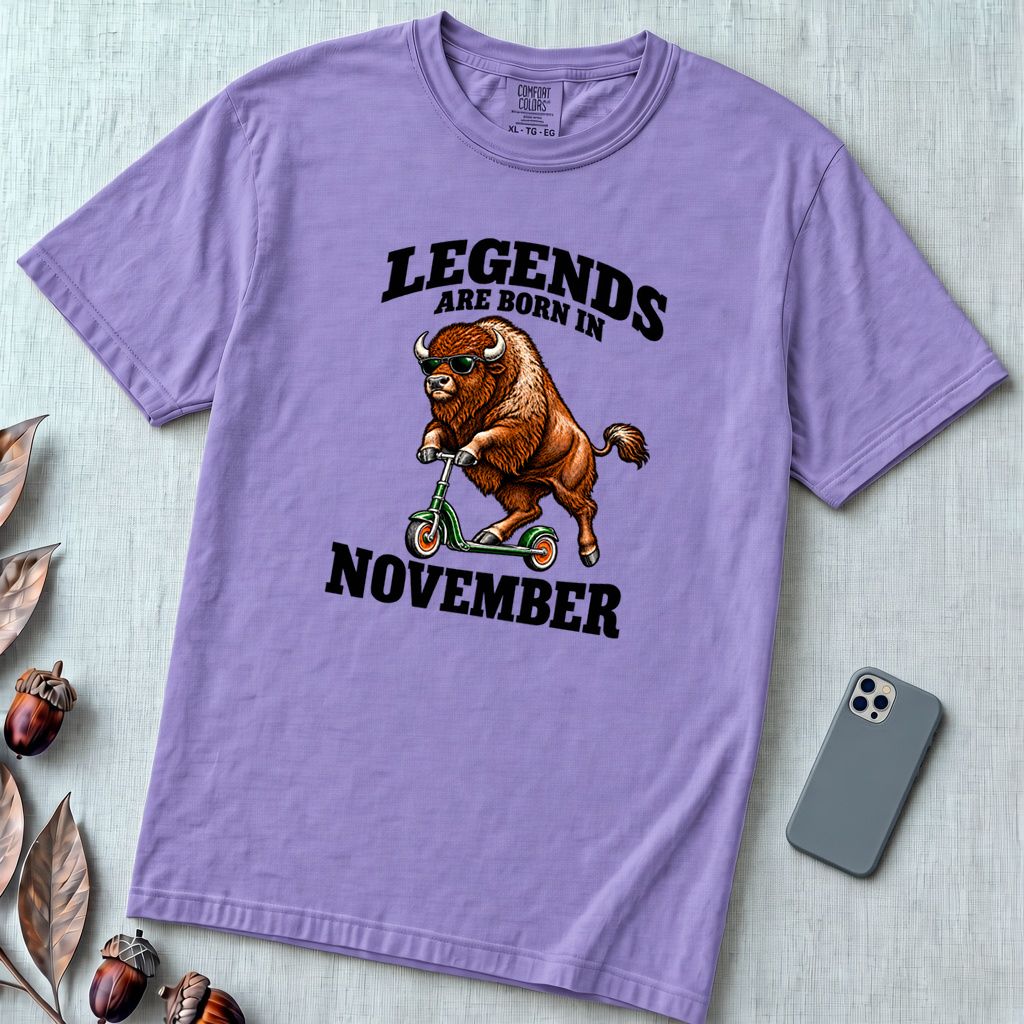 Legends Are Born In November Bison T-Shirt - Violet unfolded t-shirt mockup