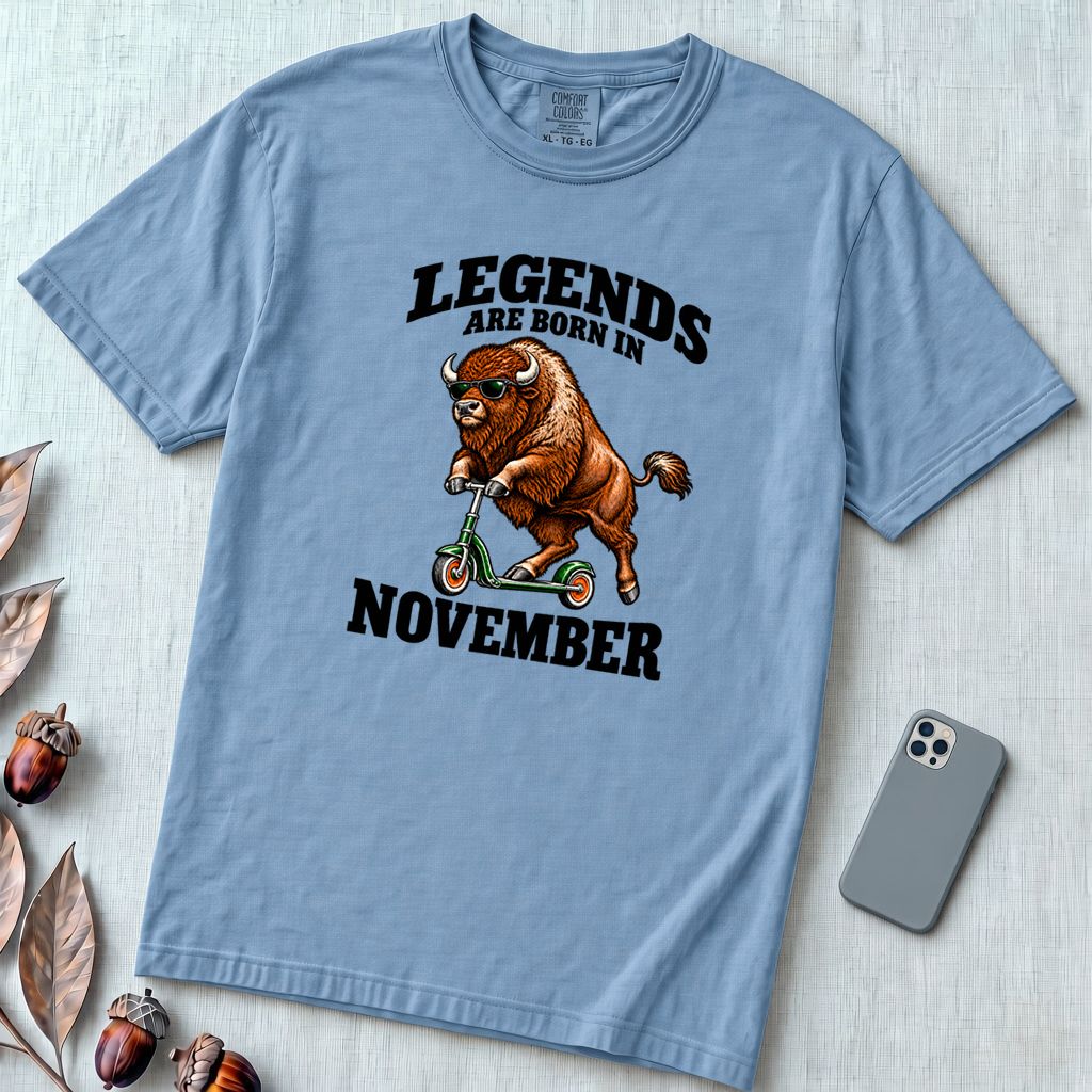 Legends Are Born In November Bison T-Shirt - Washed Denim unfolded t-shirt mockup