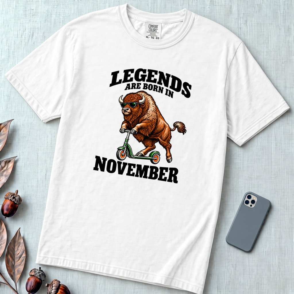 Legends Are Born In November Bison T-Shirt - White unfolded t-shirt mockup