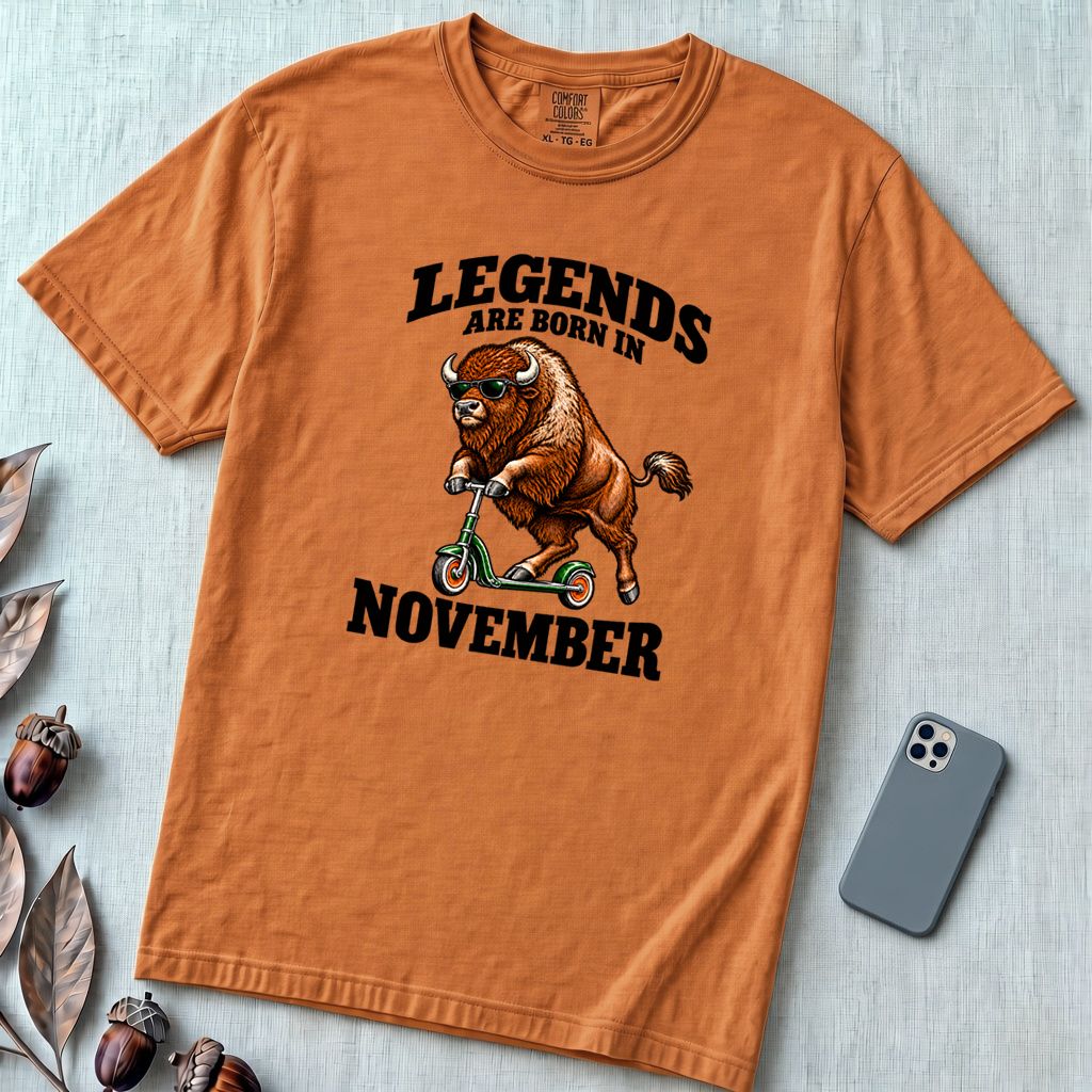 Legends Are Born In November Bison T-Shirt - Yam unfolded t-shirt mockup